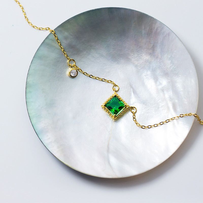 S925 silver set chain female Korean fashion green diamond square pendant temperament personality geometric clavicle chain - Jointcorp