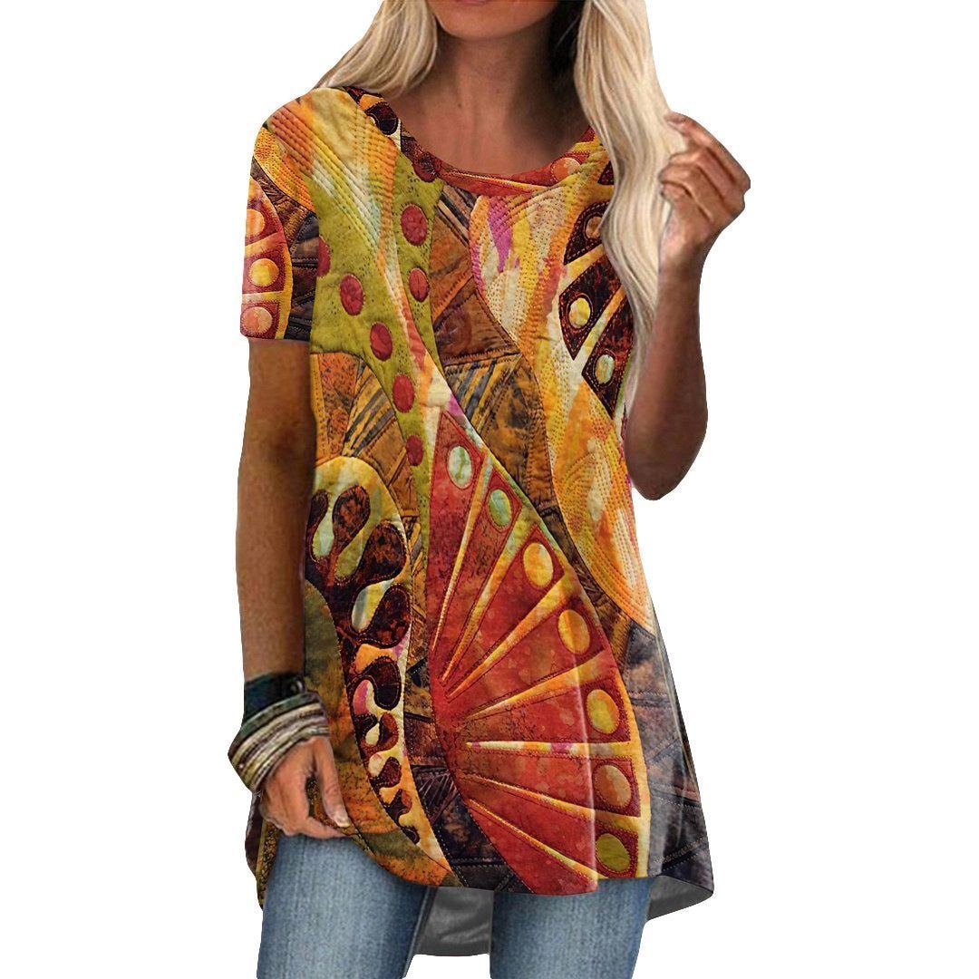 Crew Neck Casual Ethnic Style Vintage Print Short Sleeves T-shirt