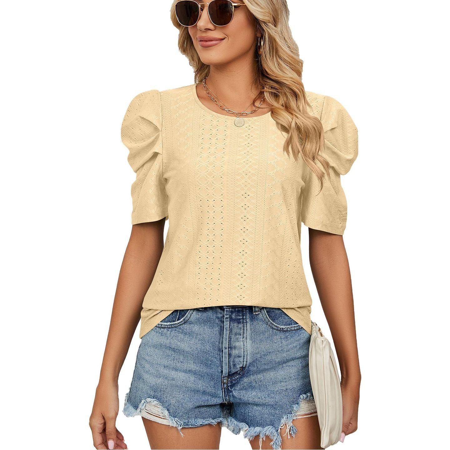 New Solid Color Round Neck Pleated Oversleeves Loose-fitting T-shirt Top Women - Jointcorp