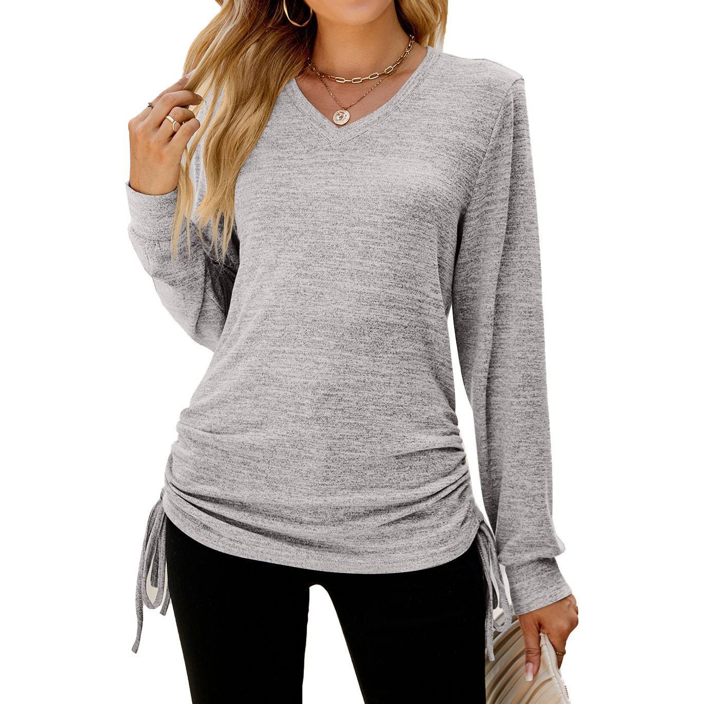 Women's Top Solid Color V-neck Hem Lace-up Long-sleeved Women's T-shirt