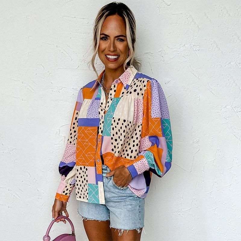 Abstract Geometric Printed Lantern Sleeve Single-breasted Shirt