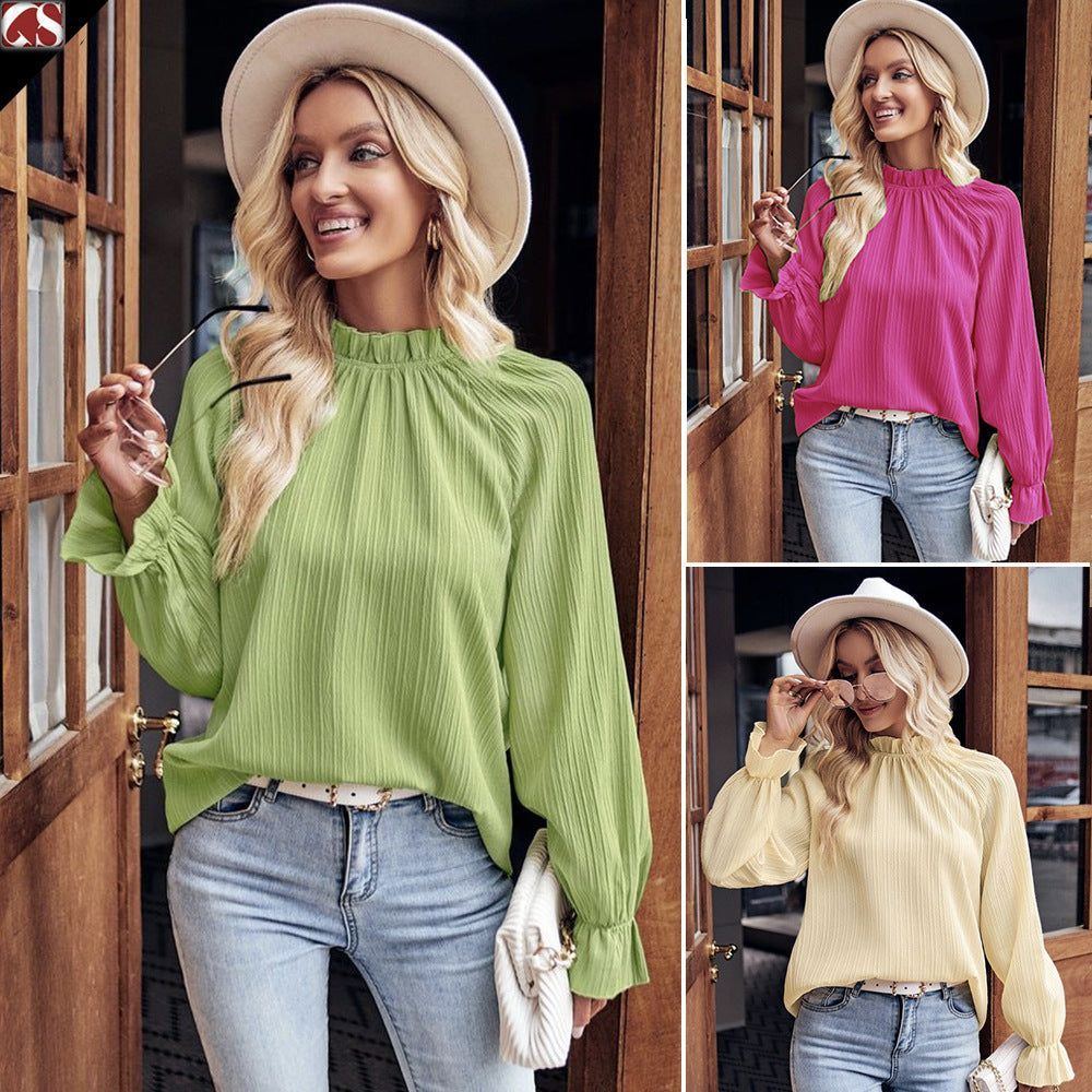 Autumn Women's Ruffled Collar Long Sleeve Jacquard Loose-fitting Top