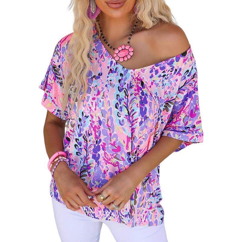 New Floral Painted T-shirt V-neck Short Sleeve Top