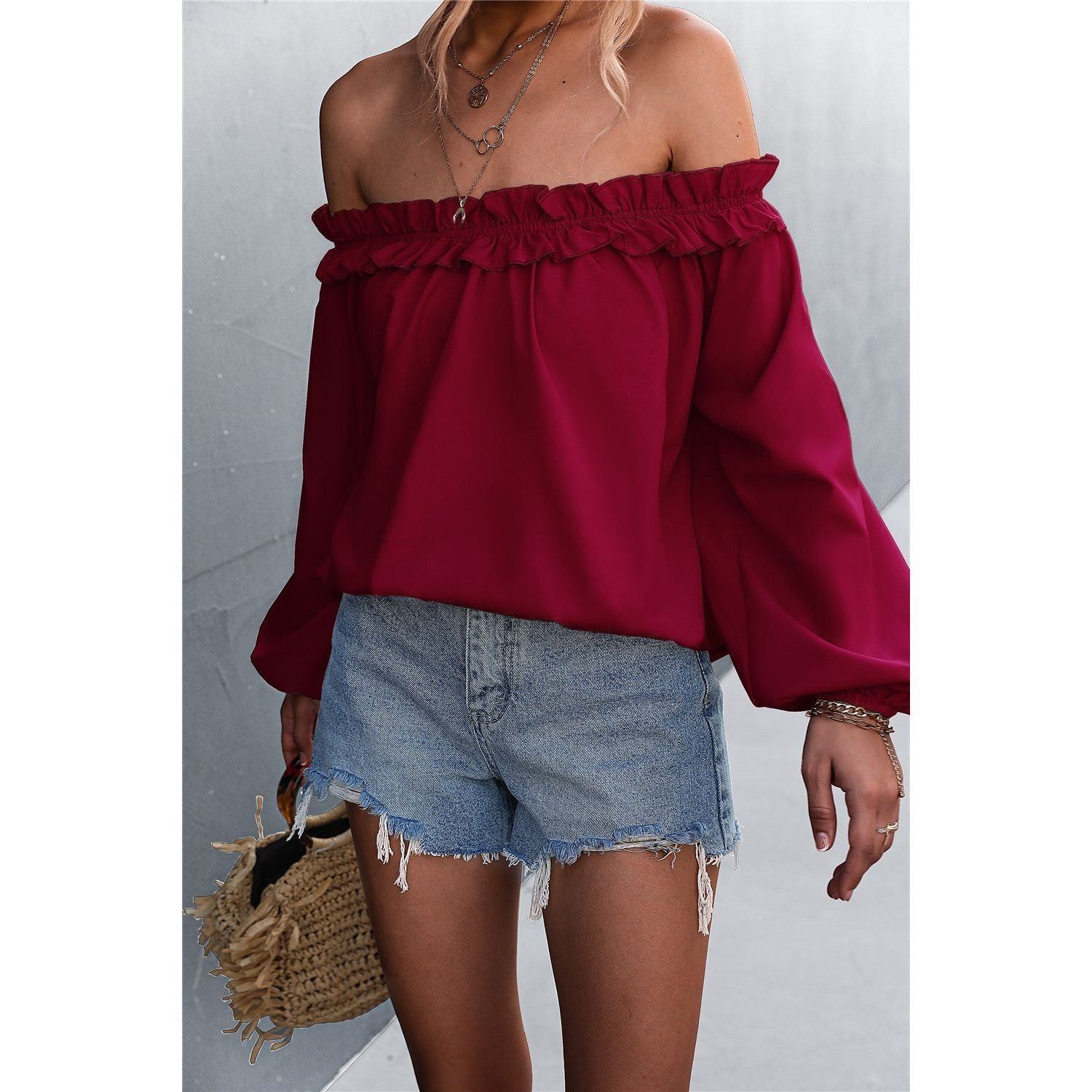 Solid Color Sexy Off-the-shoulder Lantern Sleeve T-shirt Top For Women - Jointcorp