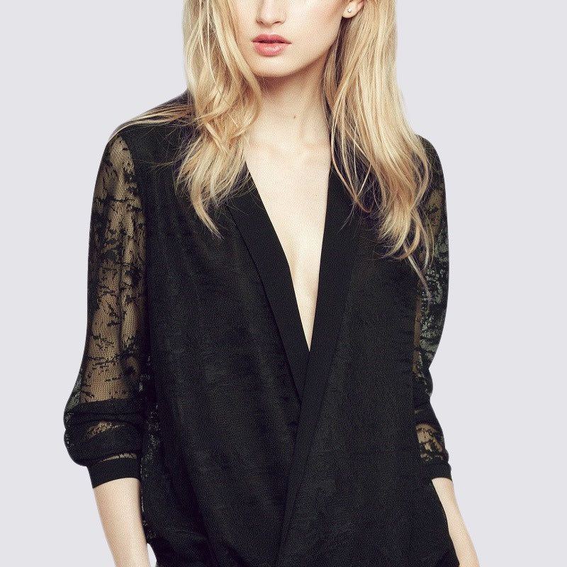 Loose Deep V-neck Hollow-out Long Sleeve Stitching Mesh Top - Jointcorp