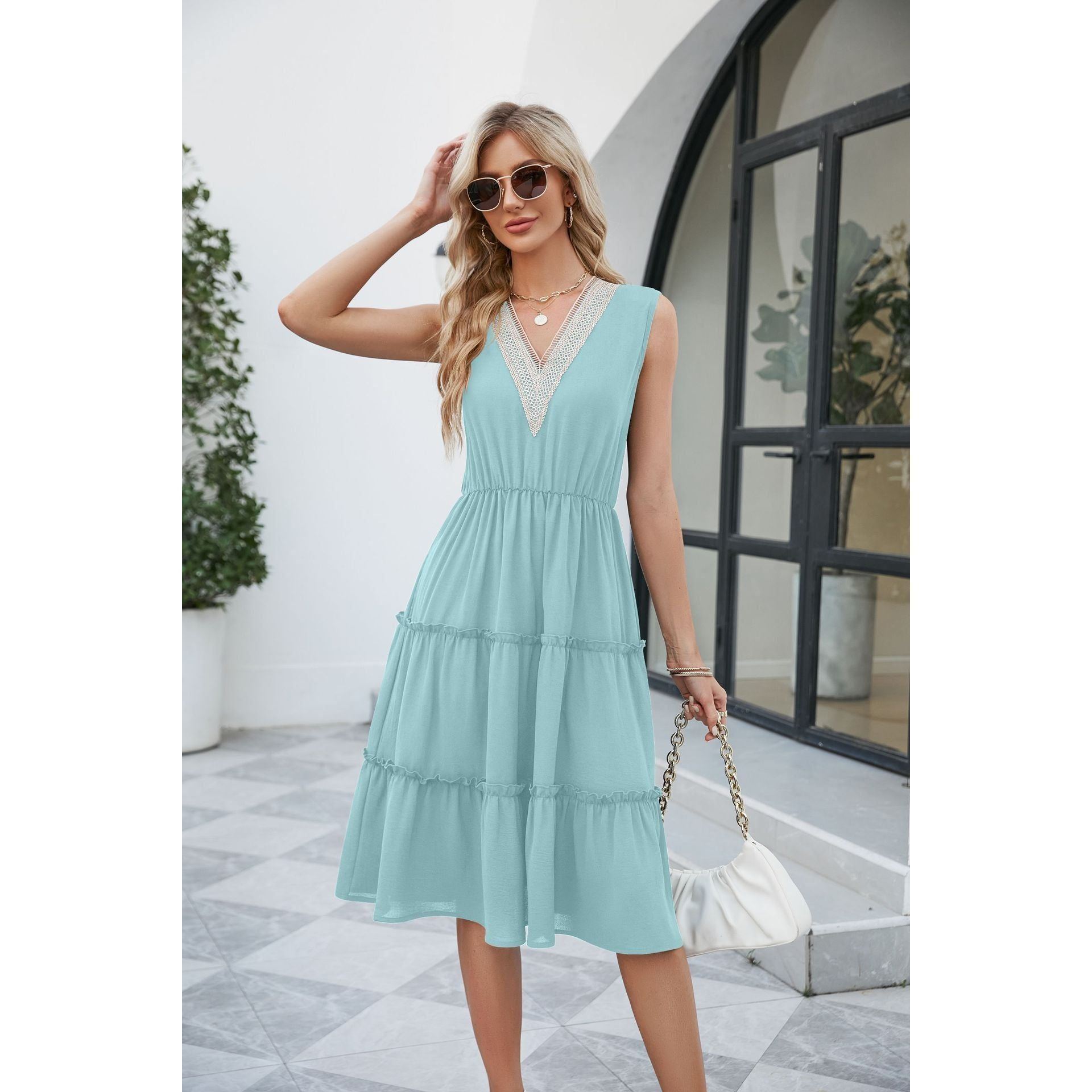 V-neck Dresses Women Sleeveless Pleated Ruffle Elegant Dress Beach Summer - Jointcorp