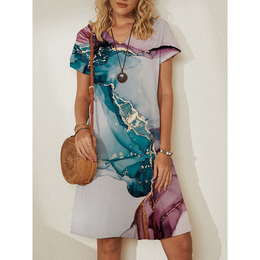 Casual Mid-Length Dress Short-Sleeved Mid-Waist Print Women's Clothing - Jointcorp