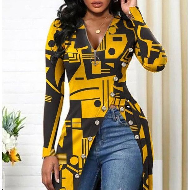 European And American V-neck Long Sleeve High Slit Printed T-shirt