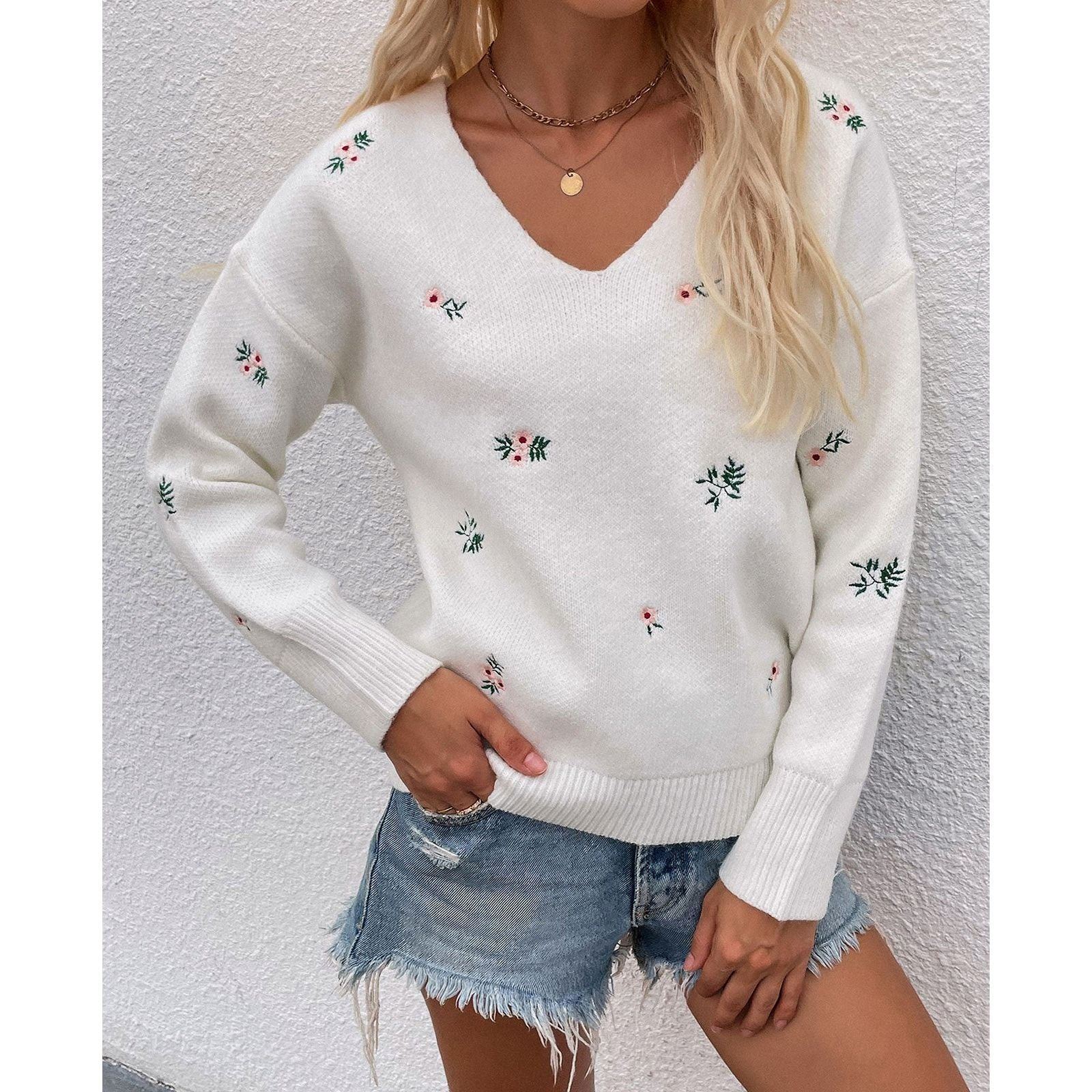 V-neck Pullover Beautifully Embroidered European And American Sweater Woman