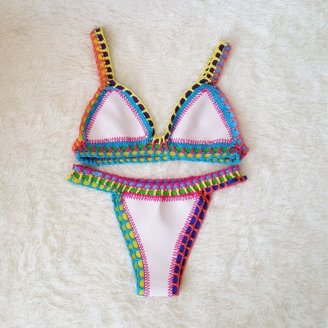 Europe And The United States Sexy Hand Crochet Colorful Bikini Set, Spell Color Rubber, Ladies Knitted Swimwear Wholesale