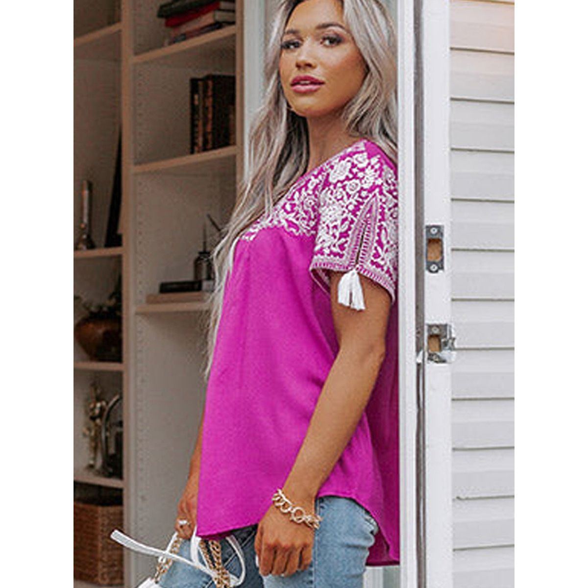 Embroidered Top Women's Short Sleeve Tassel Decoration
