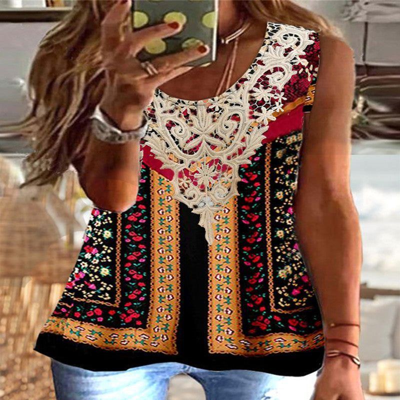 New Vintage Print Sleeveless Lace U-neck Vest Women's Top