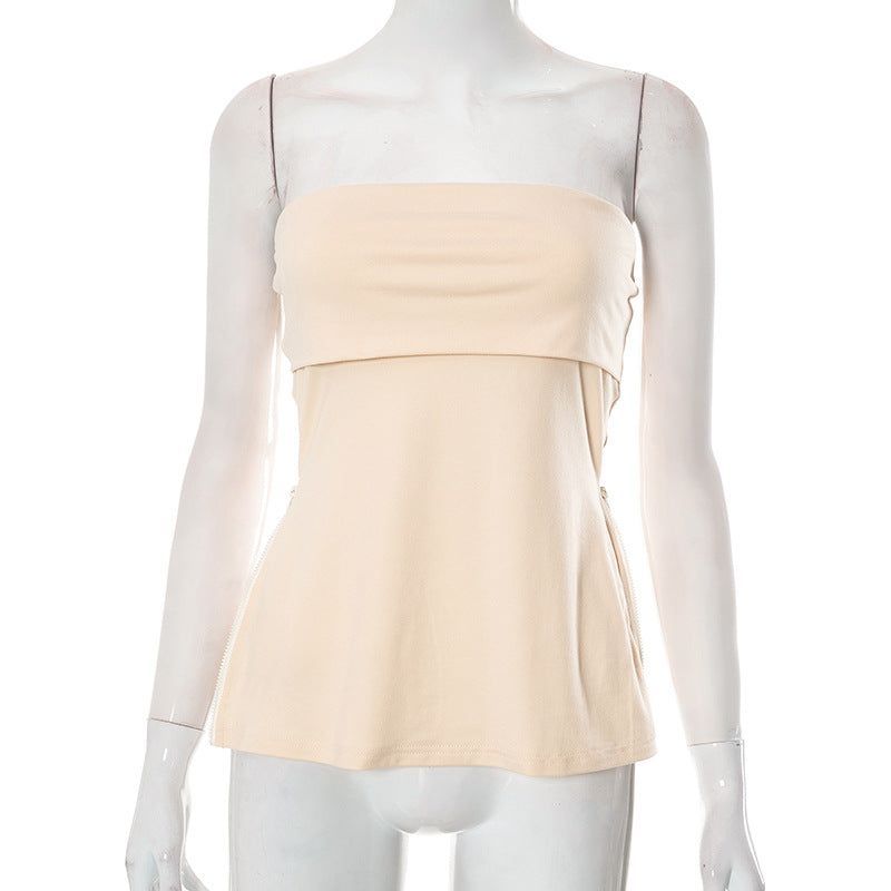 Sleeveless Tube Top Beauty Back Waist Slit Solid Color Top For Women