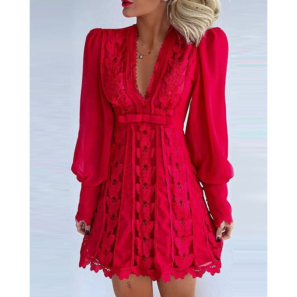 White Elegant Dresses Sexy V Neck Lace Dress Long Puff Sleeve Butterfly Dress For Women - Jointcorp