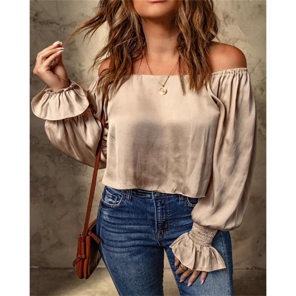 Casual Apricot Off-the-shoulder Pleating Wrist Long Sleeve Top