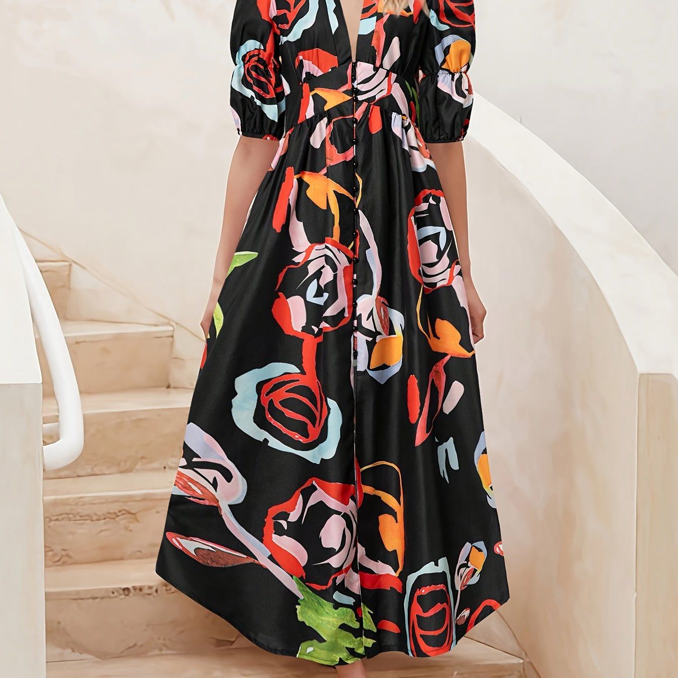 Allover Print V-neck Dress, Elegant Short Sleeve A-line Dress For Spring & Summer, Women's Clothing