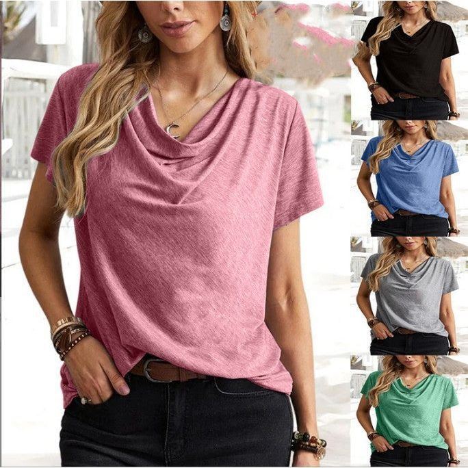 Solid Color Casual Fashion V-neck Short Sleeve T-shirt For Women