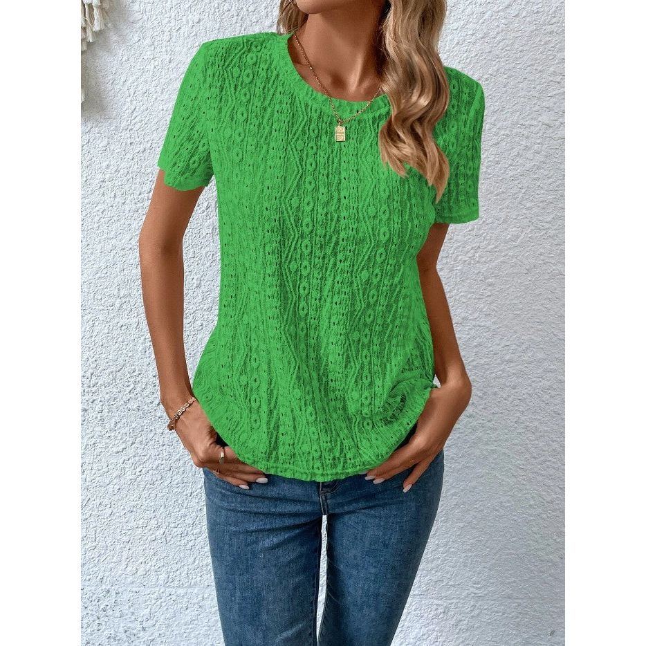 Hollowed Leisure Solid Color Round Neck T-shirt For Women