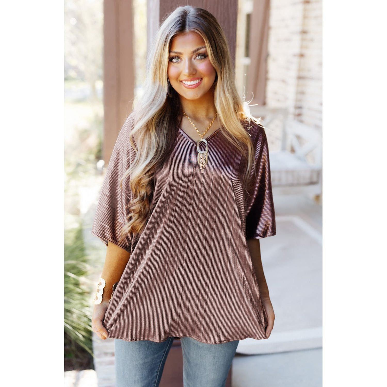 Metal Pullover V-neck Batwing Short Sleeve Top T-shirt