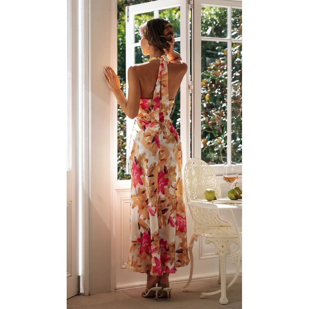 Women's Fashion Tie Halter Lace-up Backless Print Dress - Jointcorp