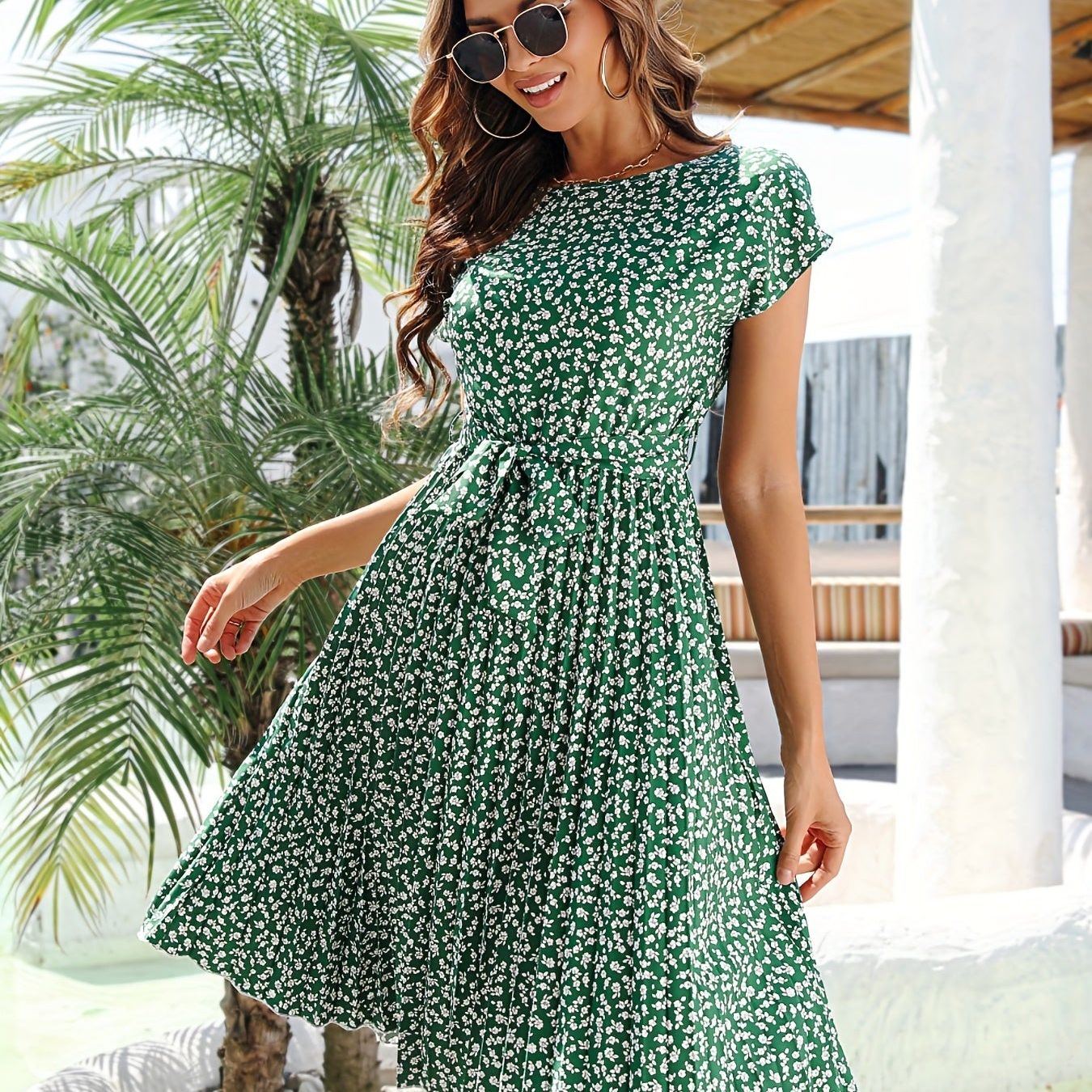 Floral Print Pleated Belted Dress, Elegant Short Sleeve Dress For Spring & Summer, Women's Clothing
