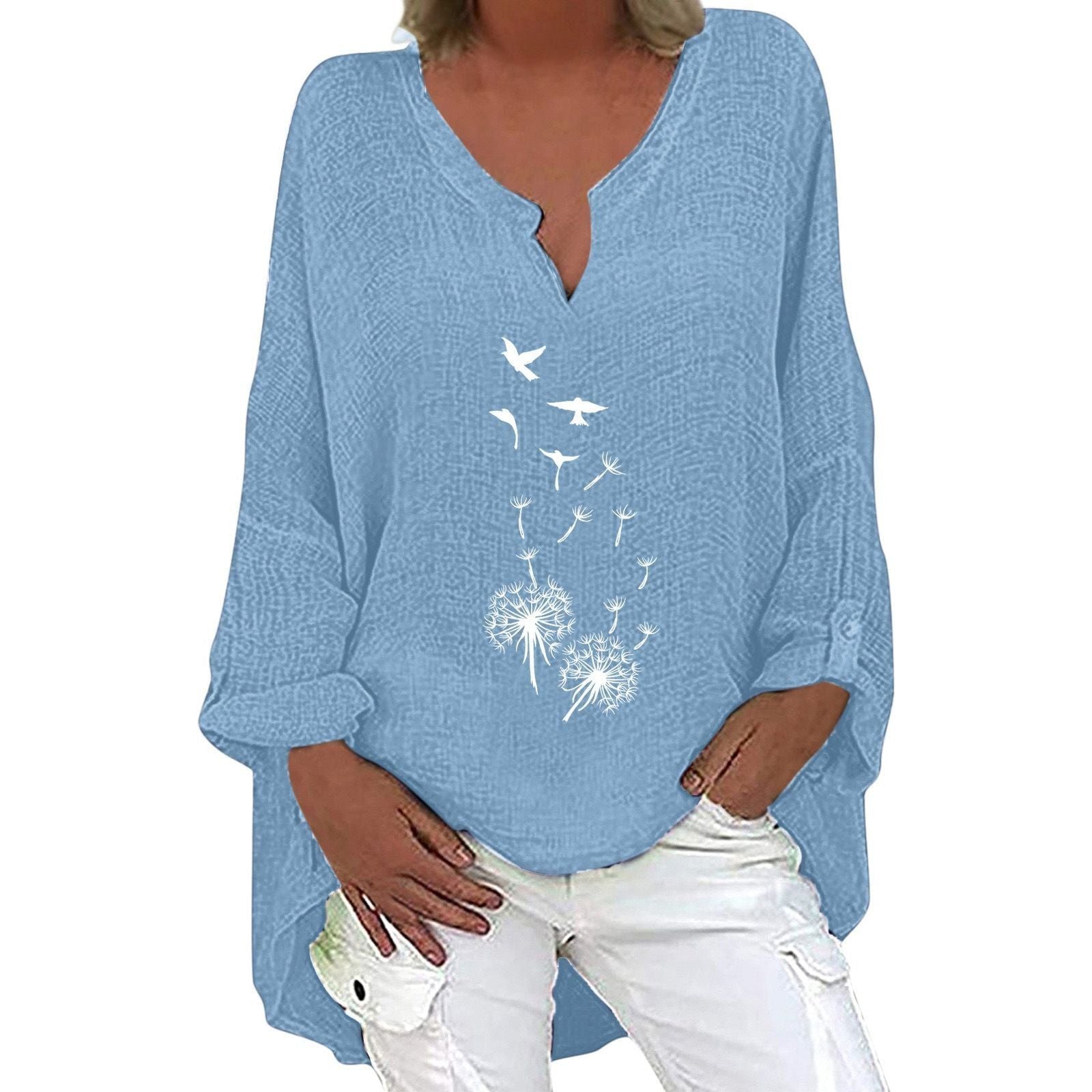 Top Dandelion Print V-Neck Cotton Linen - Jointcorp