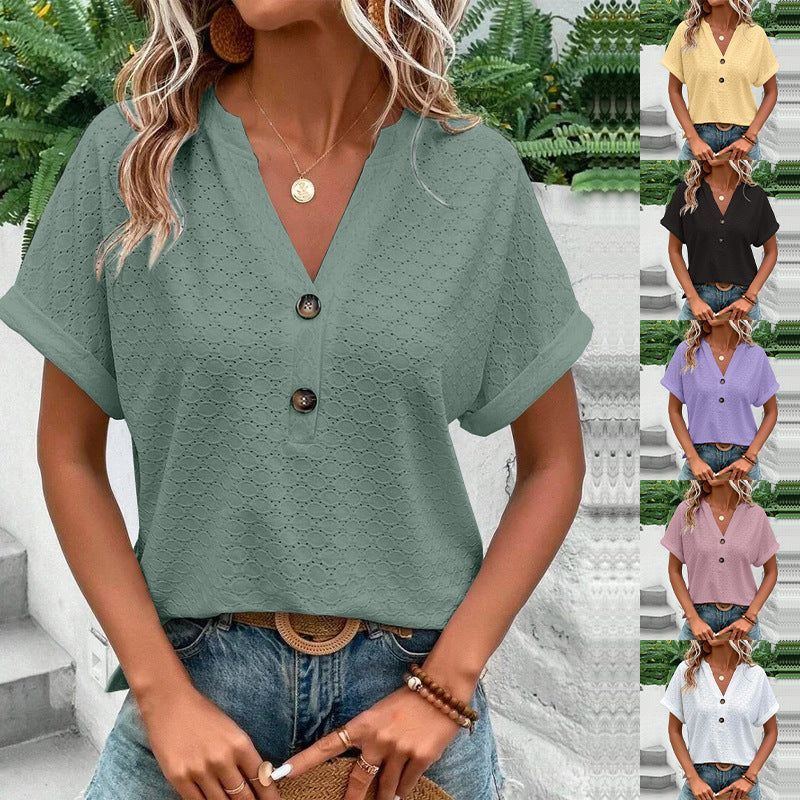 Women's Fashion Casual Solid Color Buttons V-neck T-shirt Women - Jointcorp