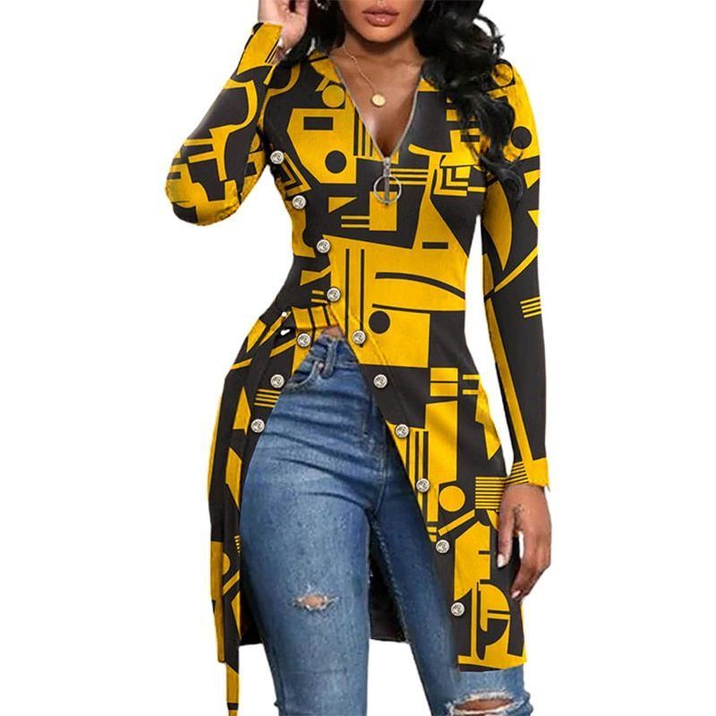 European And American V-neck Long Sleeve High Slit Printed T-shirt