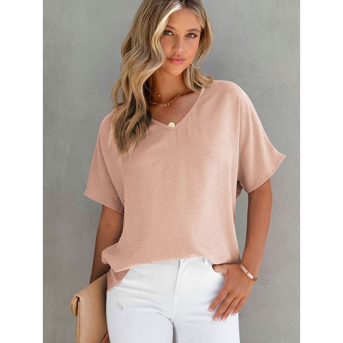 Leisure All-matching Solid Color T-shirt Loose Pullover V-neck Short-sleeved Top
