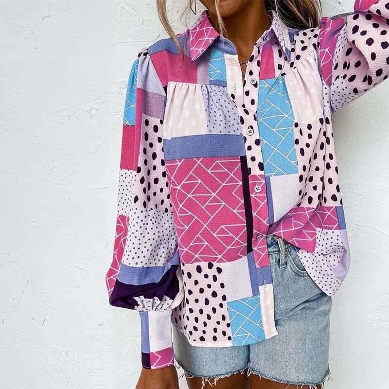 Abstract Geometric Printed Lantern Sleeve Single-breasted Shirt