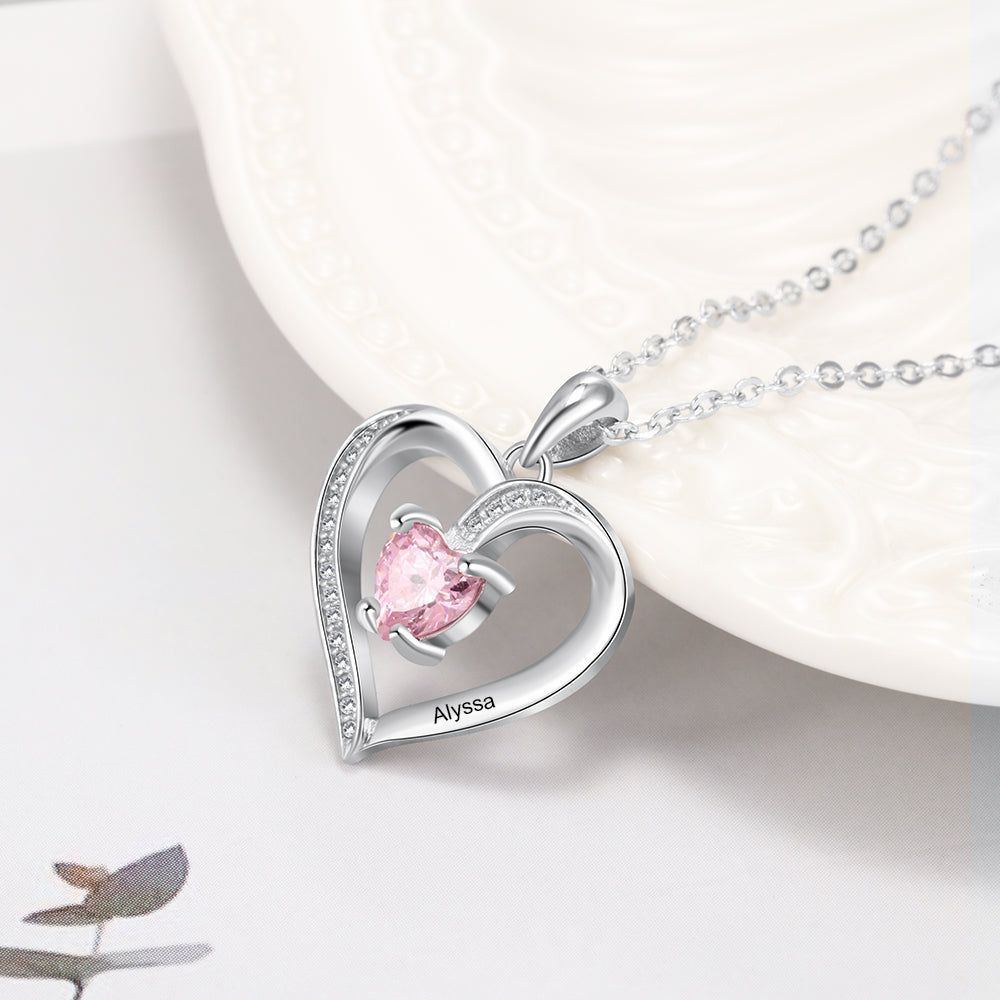 Personalized And Customizable Lettering Name Sterling Silver Heart-shaped Stone Necklace - Jointcorp