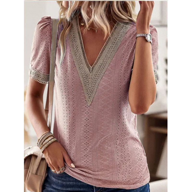 Women's V-neck Lace Loose Top Hollow Out Short Sleeve Shirt - Jointcorp