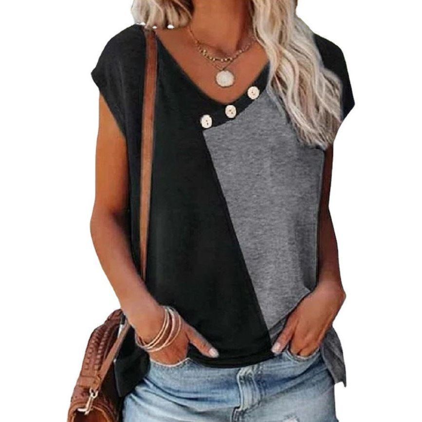 New Women's Stitching Contrast Color V-neck Button T-shirt Women