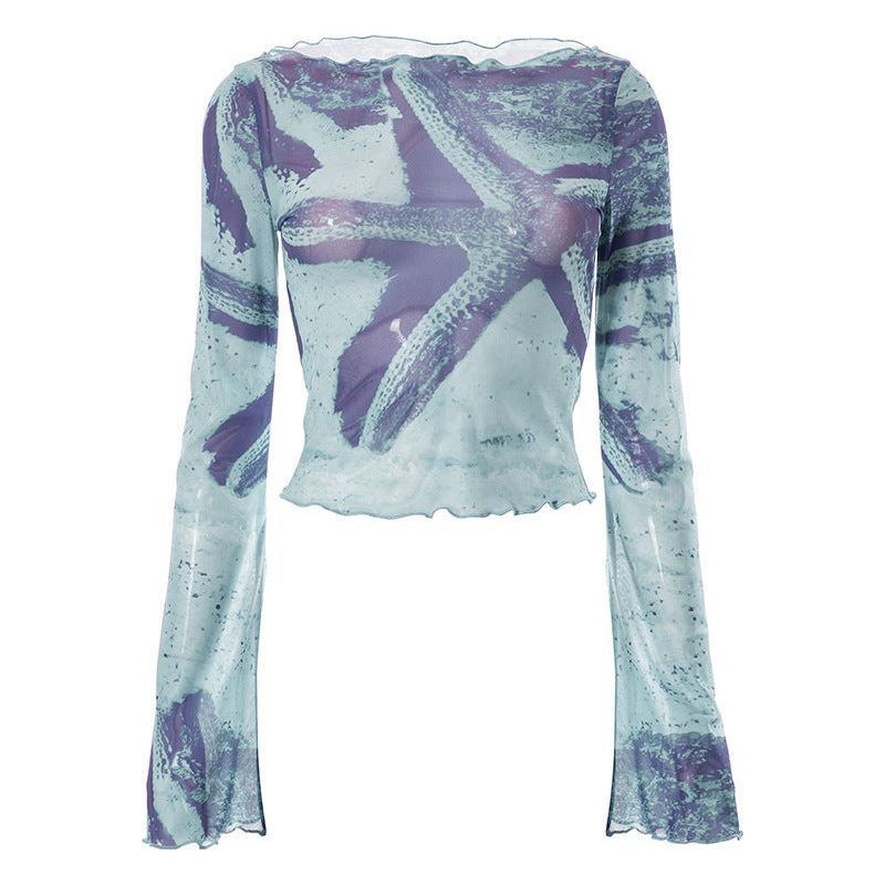 Fashion Trend Abstract Printing Bell Sleeve Short Top
