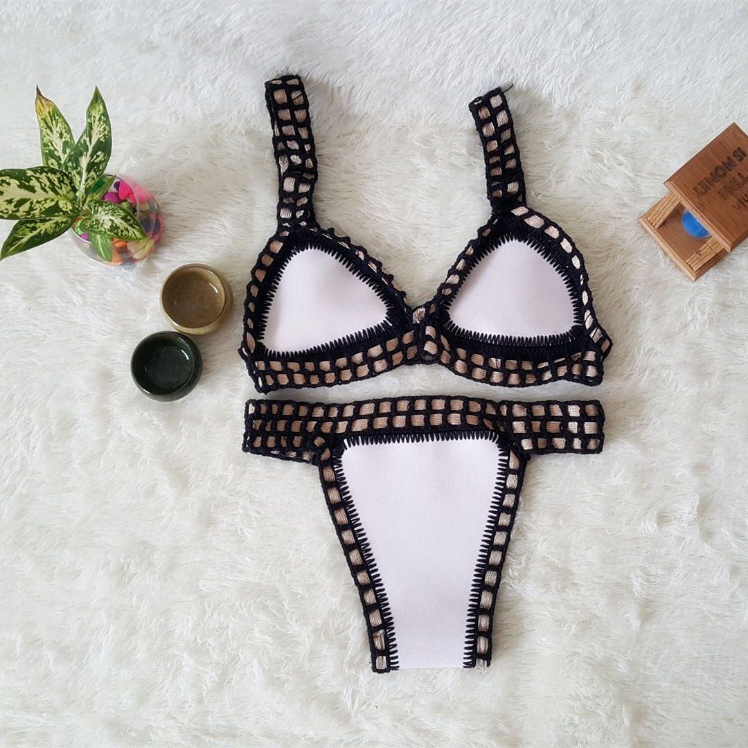 Europe And The United States Sexy Hand Crochet Colorful Bikini Set, Spell Color Rubber, Ladies Knitted Swimwear Wholesale