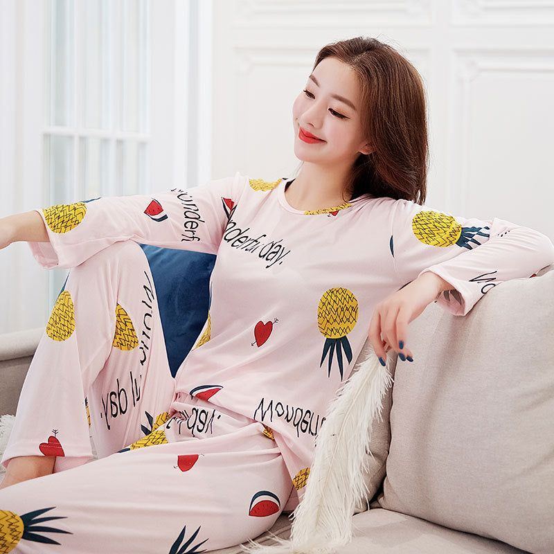 Round neck milk silk women long sleeve pajamas - Jointcorp