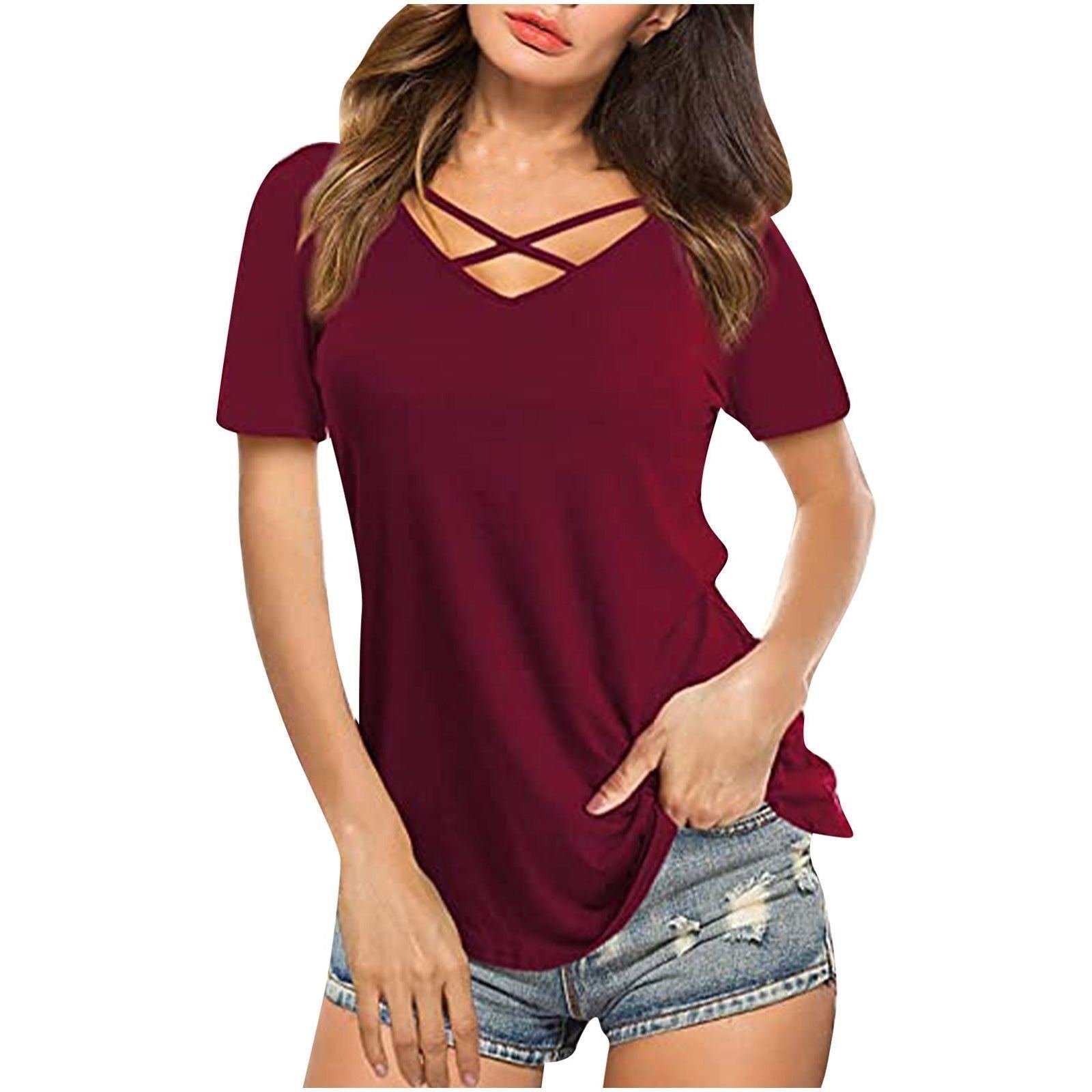 Front Cross VNeck Short Sleeve Loose TShirt Women