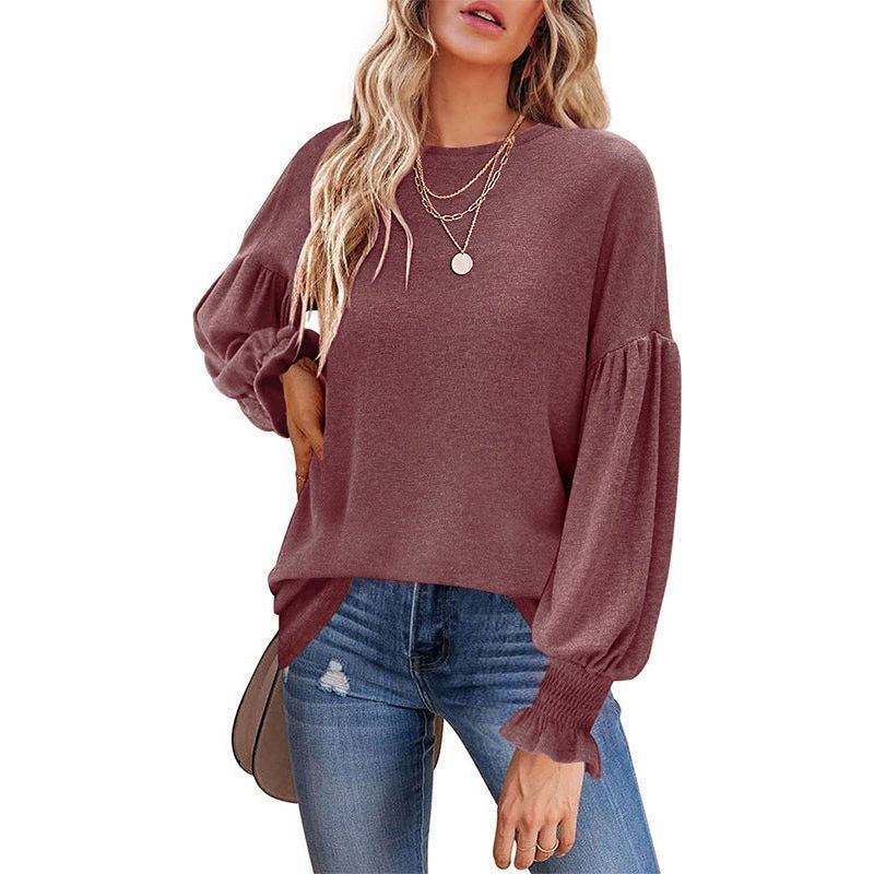 Round Neck, Pleated Lantern Sleeve T-shirt for Women, Long/European-American.