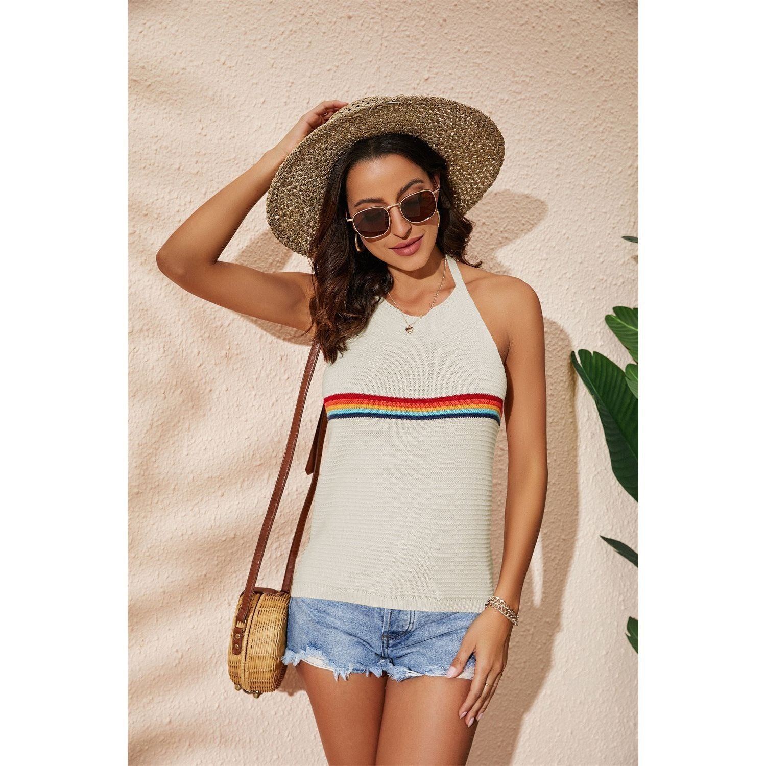 Women's Clothing Rainbow Color-blocking Halter Top Fashion Backless Knitted Lace-up Vest - Jointcorp