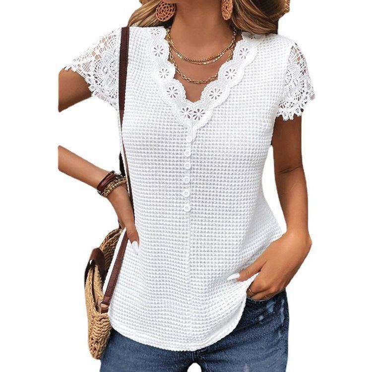 Spring And Summer Solid Color Lace V-neck Short-sleeved T-shirt - Jointcorp