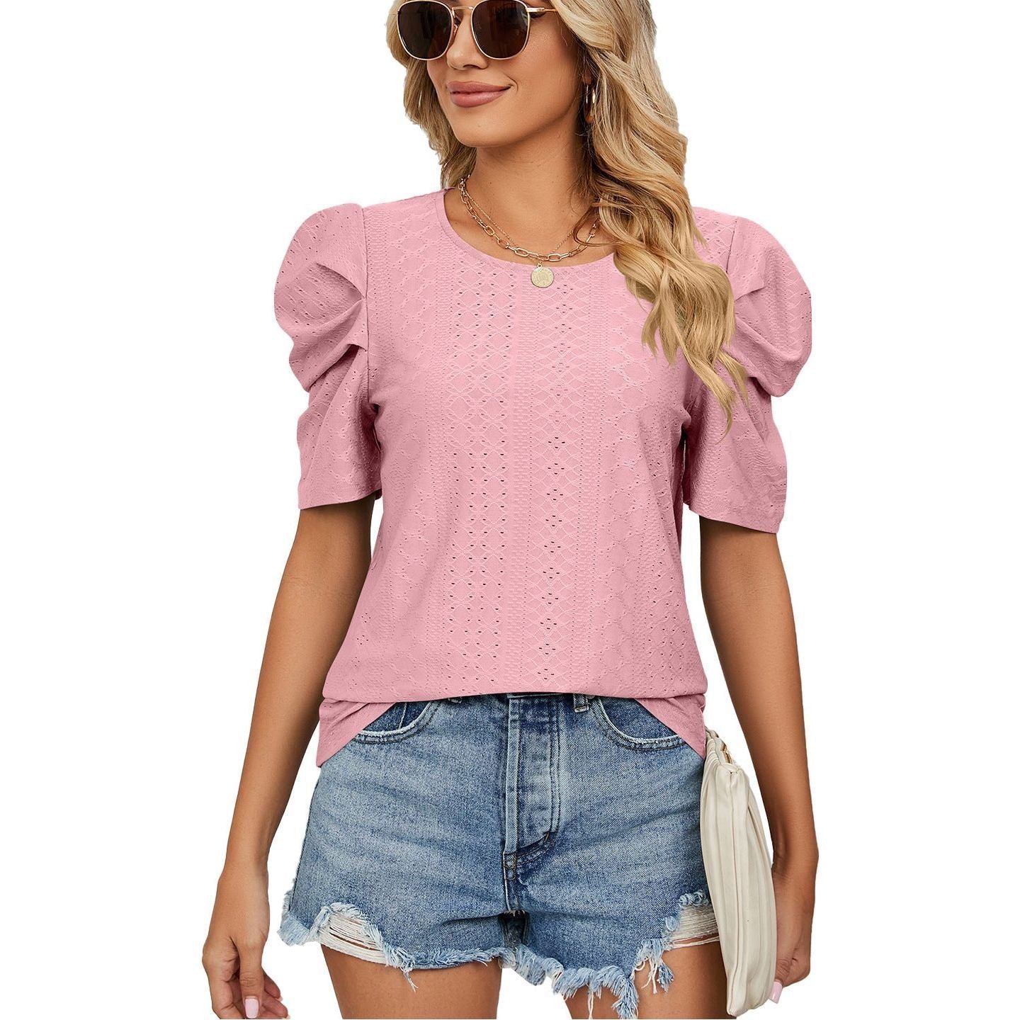 New Solid Color Round Neck Pleated Oversleeves Loose-fitting T-shirt Top Women