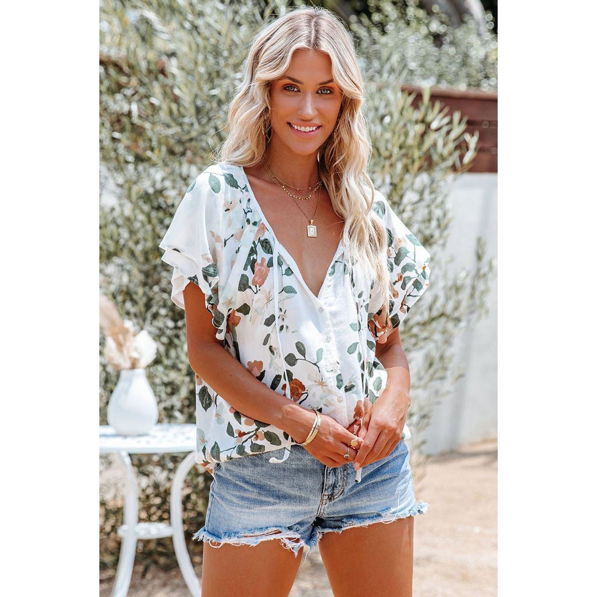 Floral V-neck Cardigan Button Shirt