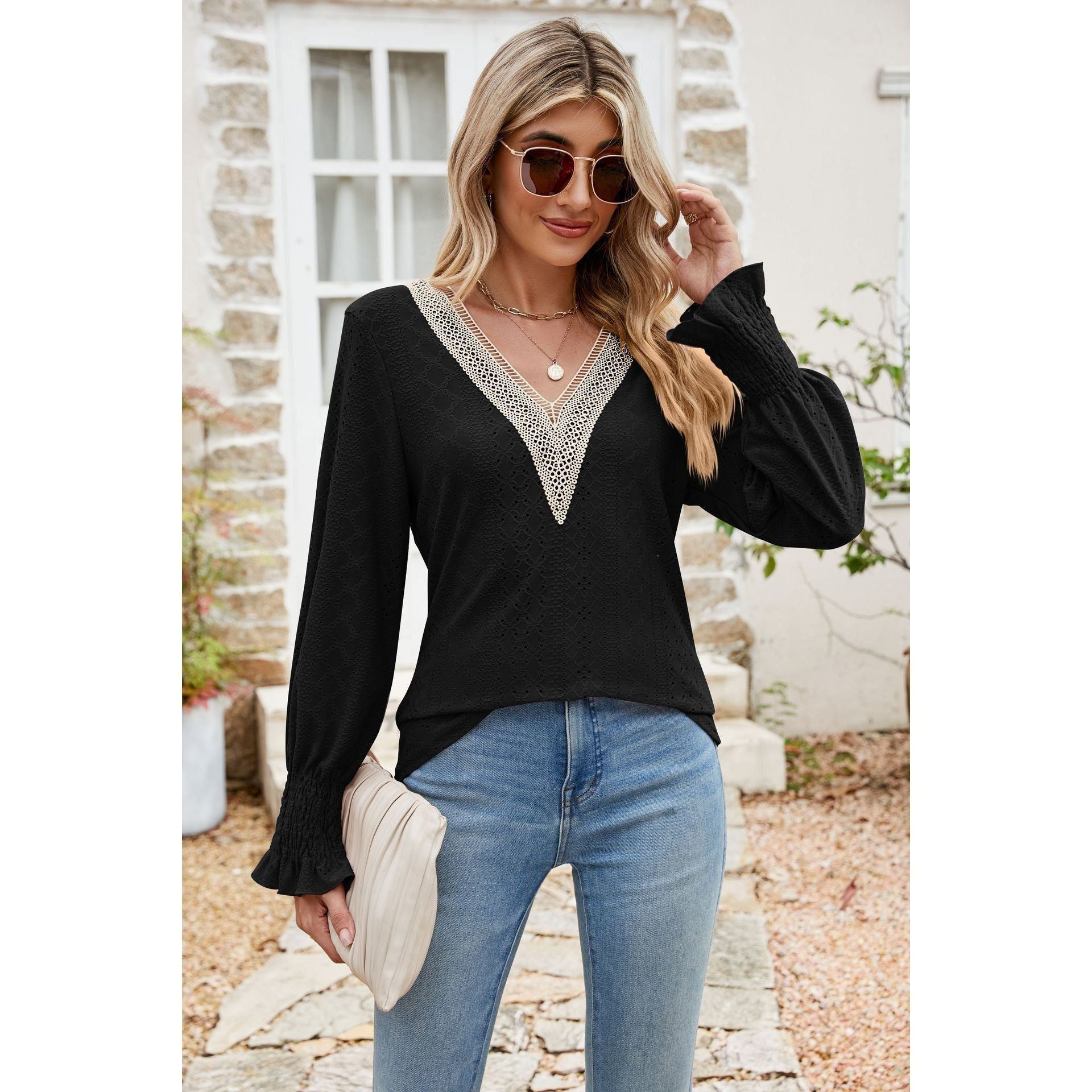 Solid Color Lace V-neck Patchwork Long Sleeve Loose-fitting T-shirt Top