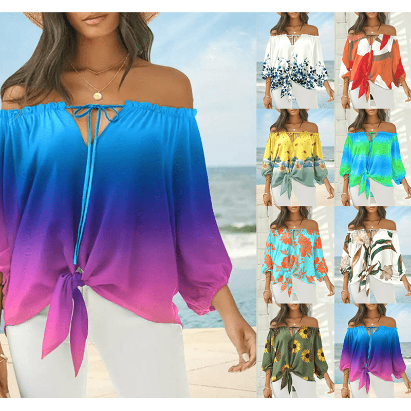 Sexy Off Shoulder Printed Chiffon Shirt Women Fashion Tied Detail Long Sleeve Pullover Tops Street Vintage Lady Blouse