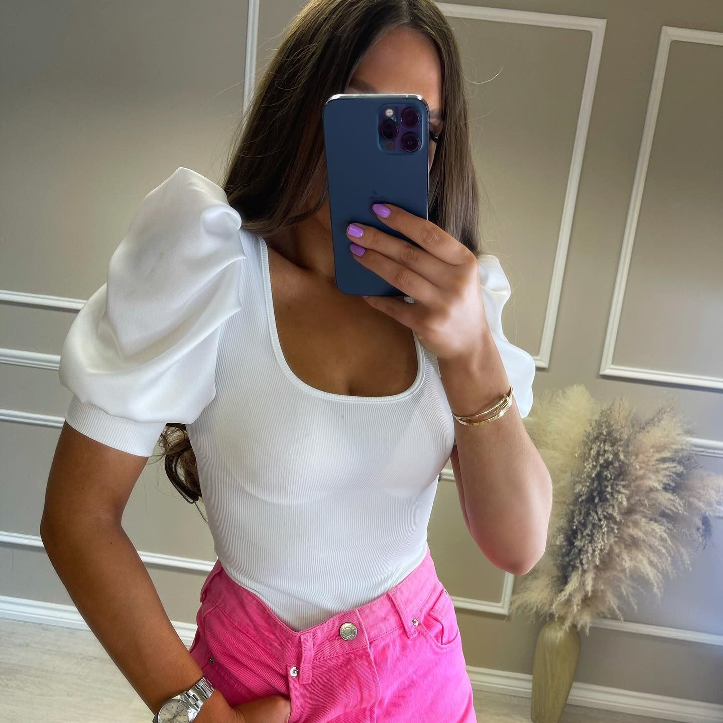 Women's Fashion Low Cut Round Neck Puff Sleeve Thread Slim - Jointcorp
