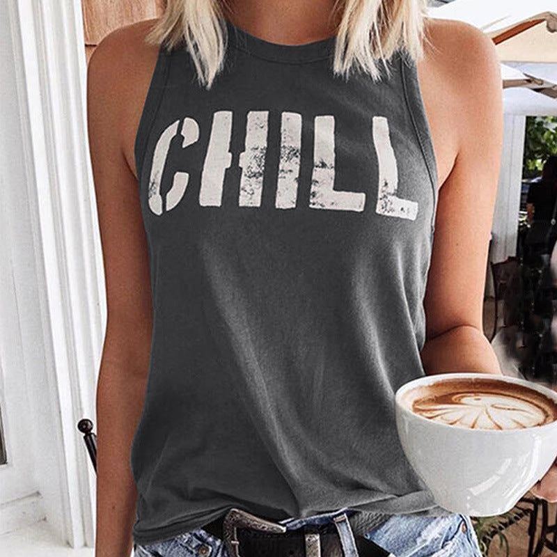 Summer Loose Round Neck Pullover Letter Print Sleeveless Outerwear Top