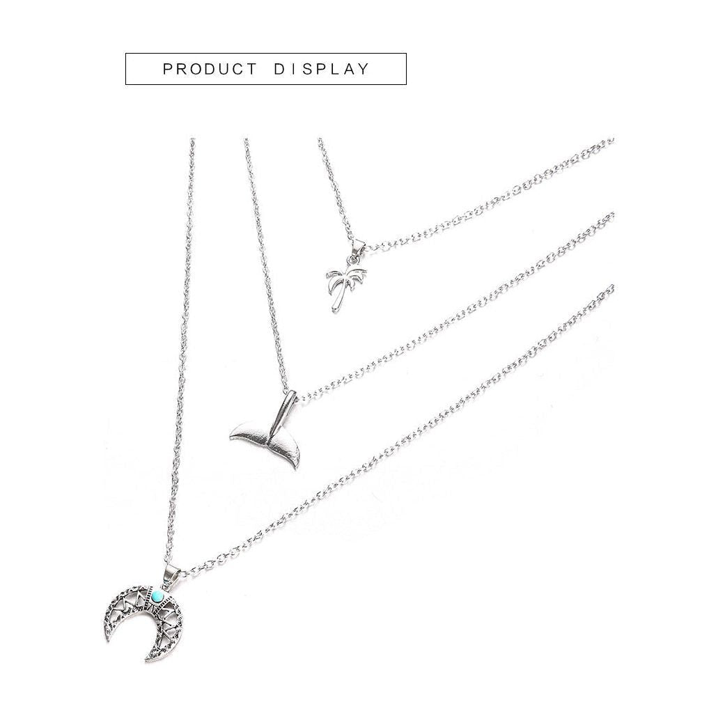 Retro Whale Tail Geometric Moon Turquoise Beach Coconut Necklace - Jointcorp