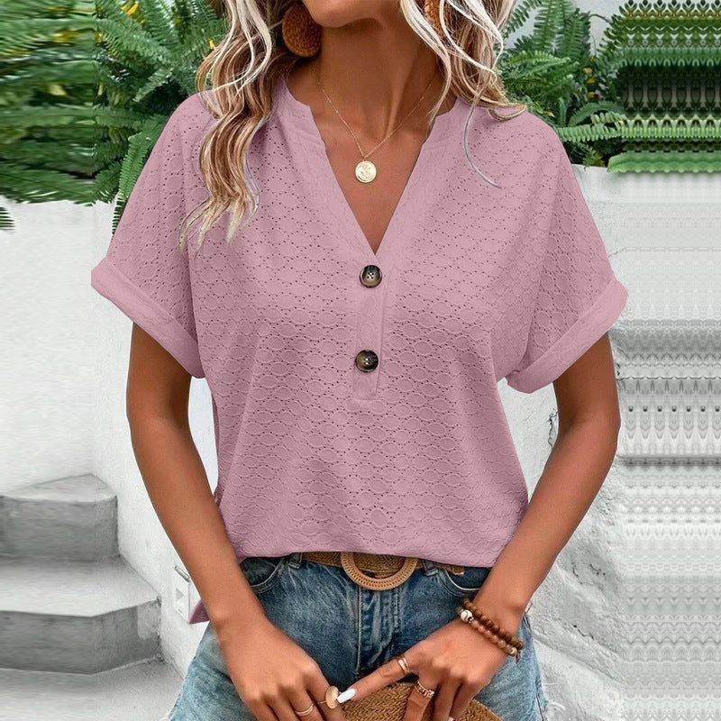 Women's Fashion Casual Solid Color Buttons V-neck T-shirt Women - Jointcorp