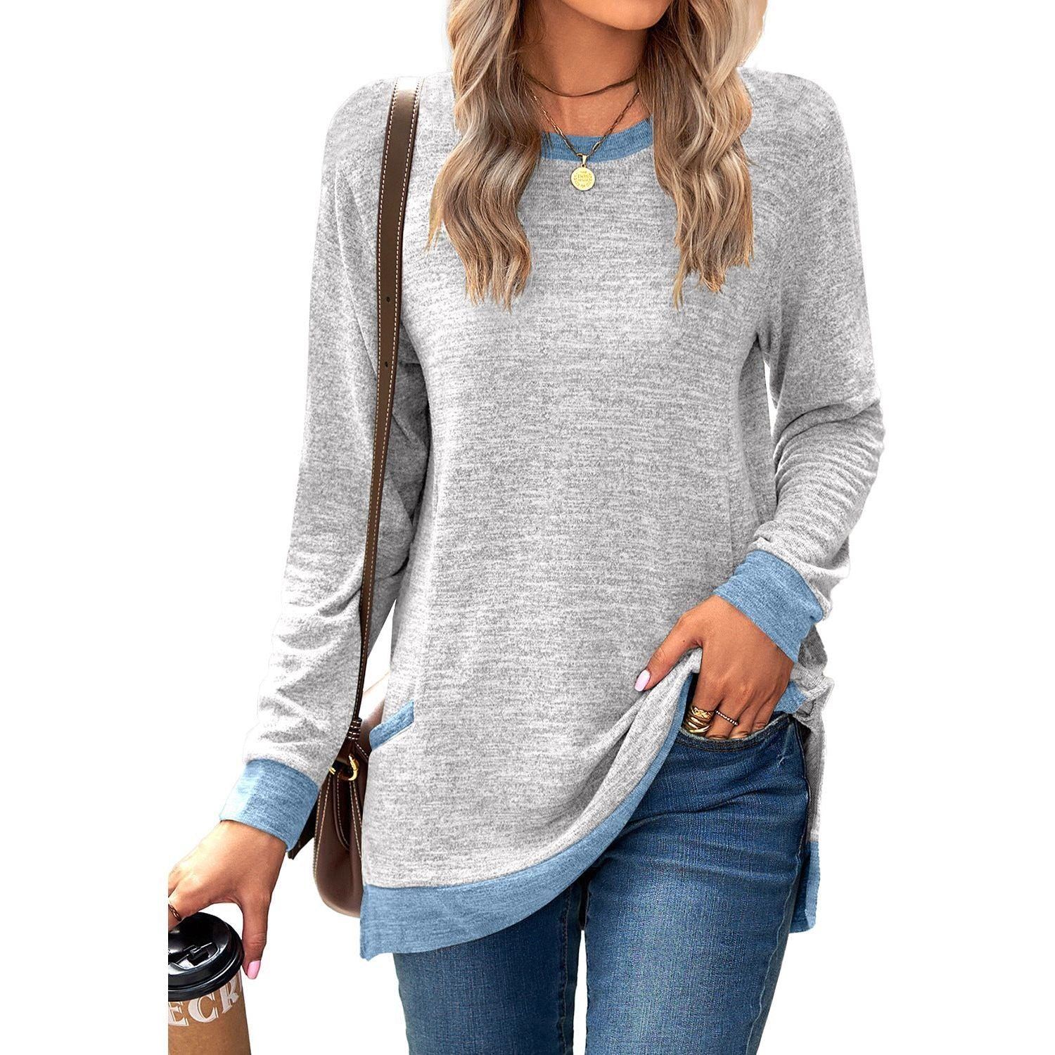 Round Neck Multicolor Pocket Long Sleeve Pullover Top Loose-fitting Casual T-shirt
