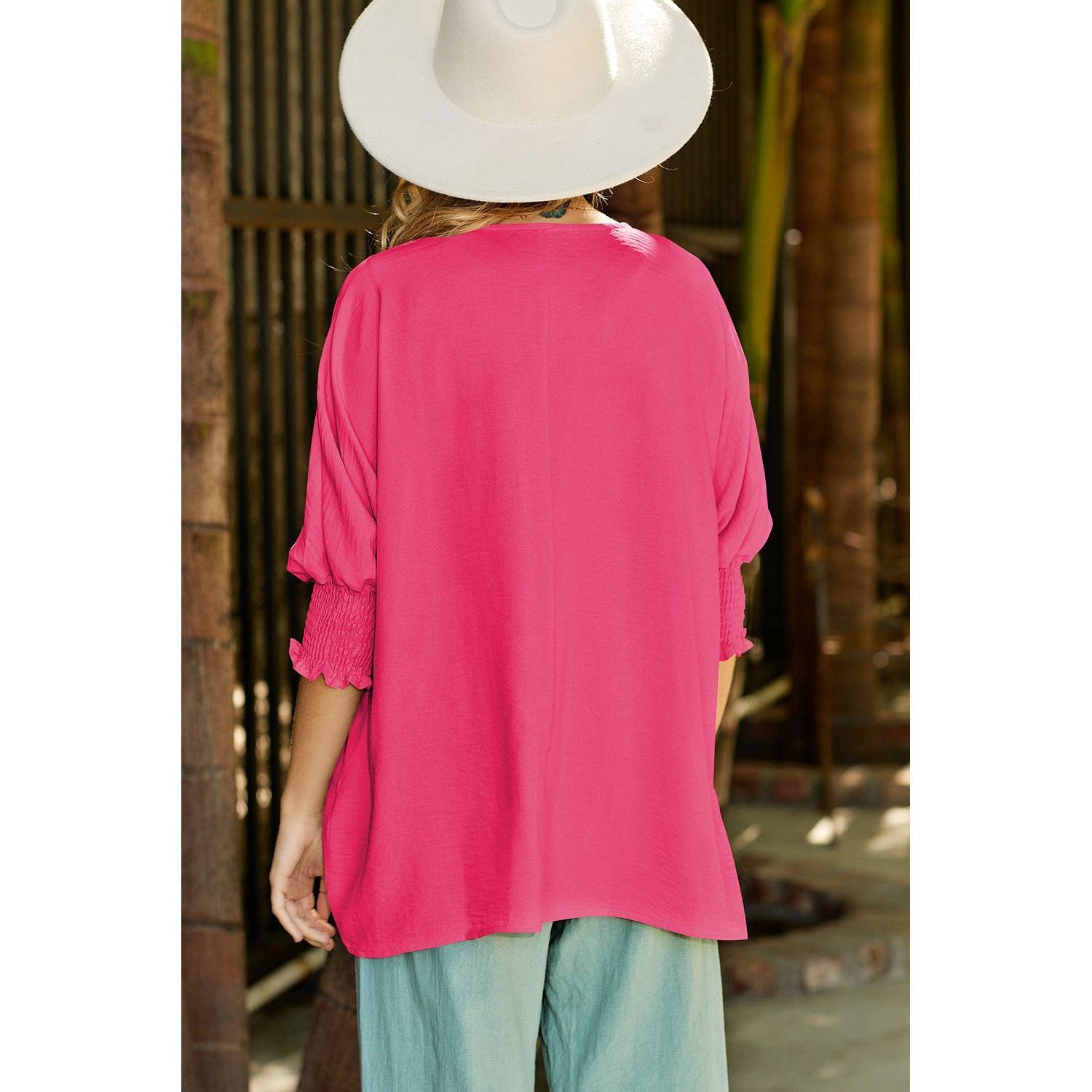 White Plain & Casual Shirred Cuffs Half Sleeve Top